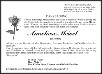Traueranzeige von Anneliese Meisel von Südthüringer Presse