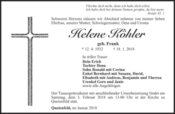 Traueranzeige von Helene Köhler von Südthüringer Presse