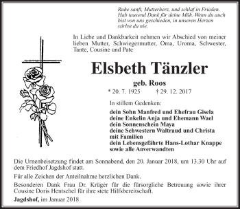 Traueranzeige von Elsbeth Tänzler von Südthüringer Presse