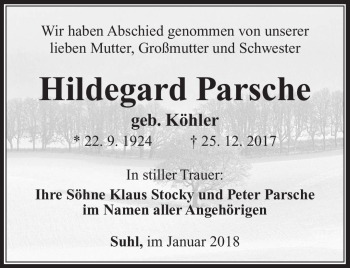 Traueranzeige von Hildegard Parsche von Südthüringer Presse