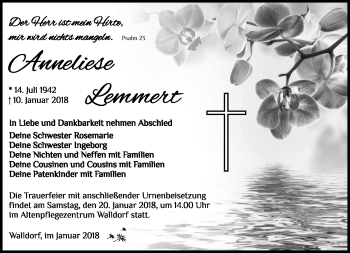 Traueranzeige von Anneliese Lemmert von Südthüringer Presse
