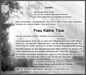Traueranzeige von Käthe Titze von Südthüringer Presse