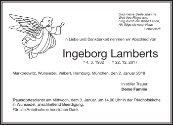 Traueranzeige von Ingeborg Lamberts von Frankenpost