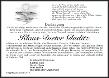 Traueranzeige von Klaus-Dieter Gladitz von Südthüringer Presse
