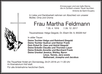 Traueranzeige von Martha Feldmann von Frankenpost