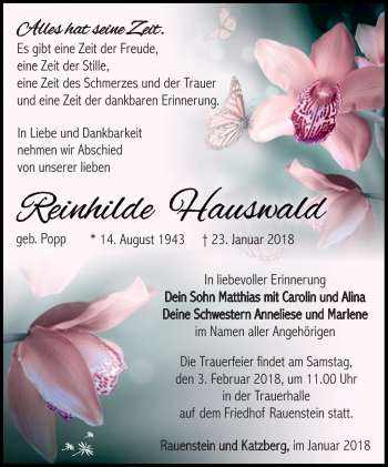 Traueranzeige von Reinhilde Hauswald von Südthüringer Presse