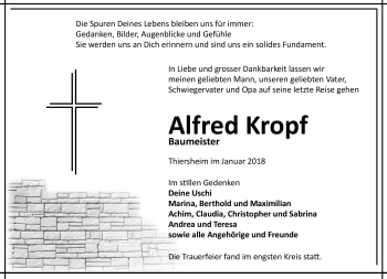 Traueranzeige von Alfred Kropf von Frankenpost