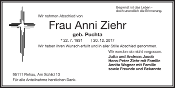 Traueranzeige von Anni Ziehr von Frankenpost