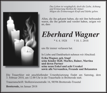 Traueranzeige von Eberhard Wagner von Südthüringer Presse