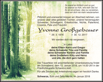 Traueranzeige von Yvonne Großgebauer von Südthüringer Presse