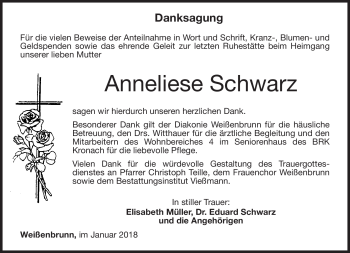 Traueranzeige von Anneliese Schwarz von Neue Presse Coburg