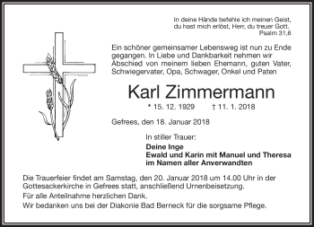 Traueranzeige von Karl Zimmermann von Frankenpost