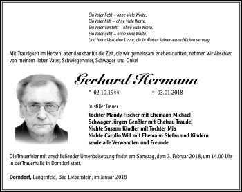 Traueranzeige von Gerhard Hermann von Südthüringer Presse