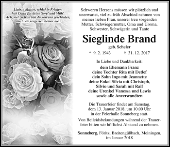 Traueranzeige von Sieglinde Brand von Südthüringer Presse
