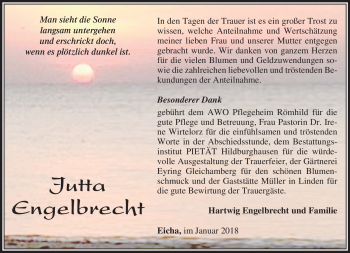 Traueranzeige von Jutta Engelbrecht von Südthüringer Presse