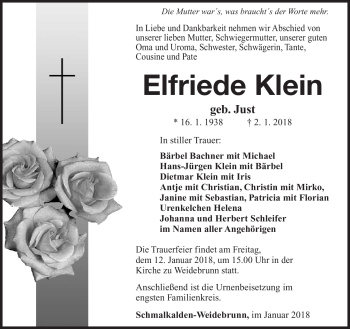Traueranzeige von Elfriede Klein von Südthüringer Presse