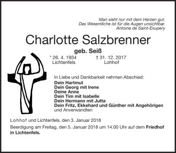 Traueranzeige von Charlotte Salzbrenner von Neue Presse Coburg