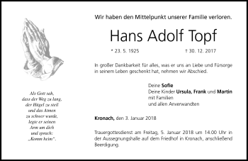 Traueranzeige von Hans Adolf Topf von Neue Presse Coburg