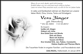 Traueranzeige von Vera Jünger von Südthüringer Presse