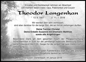 Traueranzeige von Theodor Langenhan von Südthüringer Presse
