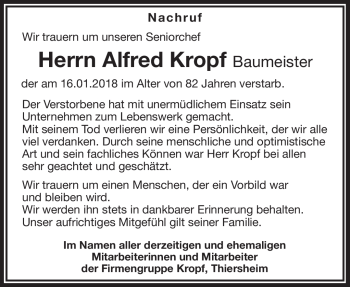 Traueranzeige von Alfred Kropf von Frankenpost