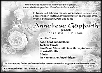Traueranzeige von Anneliese Göpfarth von Südthüringer Presse