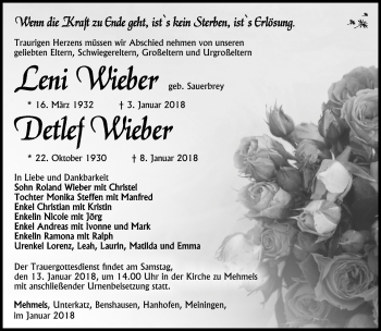 Traueranzeige von Leni Wieber von Südthüringer Presse