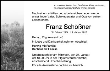 Traueranzeige von Franz Schößner von Frankenpost