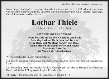 Traueranzeige von Lothar Thiele von Südthüringer Presse