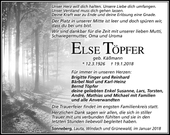Traueranzeige von Else Töpfer von Südthüringer Presse