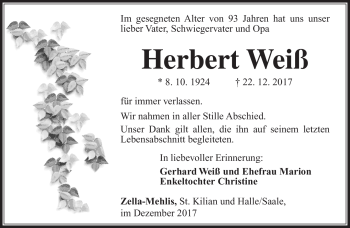Traueranzeige von Herbert Weiß von Südthüringer Presse