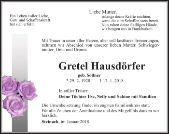 Traueranzeige von Gretel Hausdörfer von Südthüringer Presse
