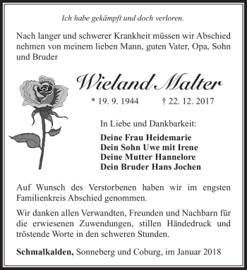Traueranzeige von Wieland Malter von Südthüringer Presse