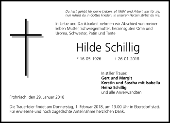 Traueranzeige von Hilde Schillig von Neue Presse Coburg