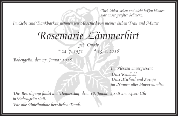 Traueranzeige von Rosemarie Lämmerhirt von Frankenpost