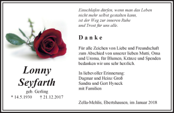 Traueranzeige von Lonny Seyfarth von Südthüringer Presse
