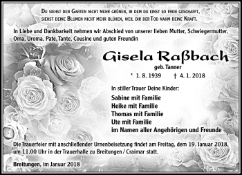 Traueranzeige von Gisela Raßbach von Südthüringer Presse
