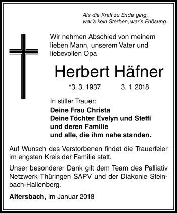 Traueranzeige von Herbert Häfner von Südthüringer Presse