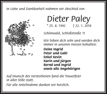 Traueranzeige von Dieter Paley von Frankenpost
