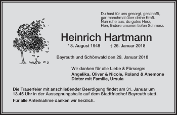 Traueranzeige von Heinrich Hartmann von Frankenpost