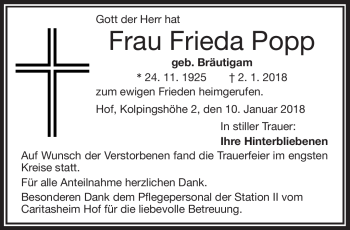 Traueranzeige von Frieda Popp von Frankenpost