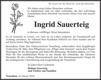 Traueranzeige von Ingrid Sauerteig von Südthüringer Presse