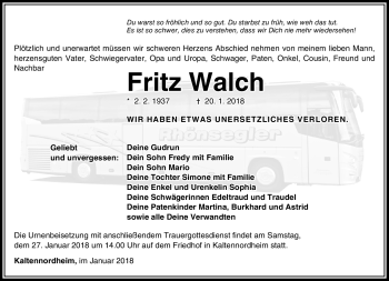 Traueranzeige von Fritz Walch von Südthüringer Presse