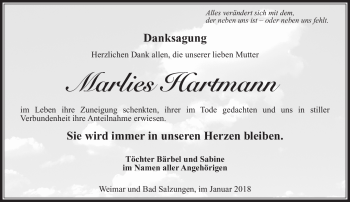Traueranzeige von Marlies Hartmann von Südthüringer Presse