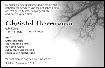Traueranzeige von Christel Herrmann von Südthüringer Presse