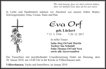 Traueranzeige von Eva Orf von Südthüringer Presse