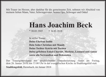 Traueranzeige von Hans Joachim Beck von Südthüringer Presse
