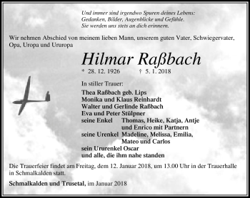 Traueranzeige von Hilmar Raßbach von Südthüringer Presse