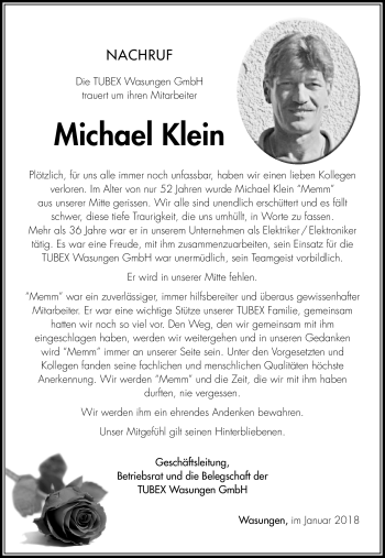 Traueranzeige von Michael Klein von Südthüringer Presse