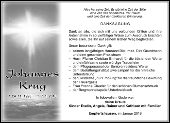 Traueranzeige von Johannes Krug von Südthüringer Presse